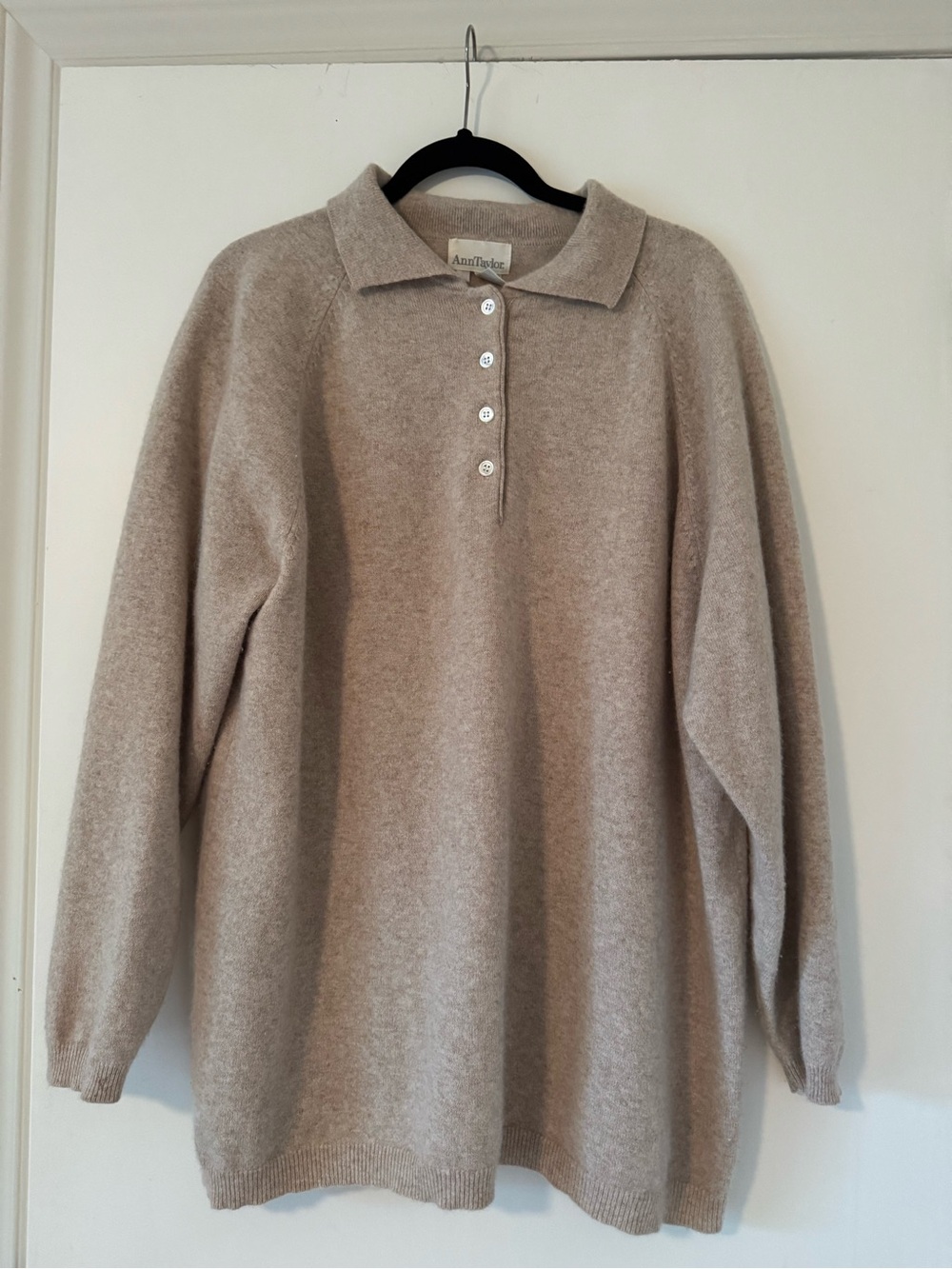 Ann Taylor Soft Taupe Button-Front Knit Polo Sweater